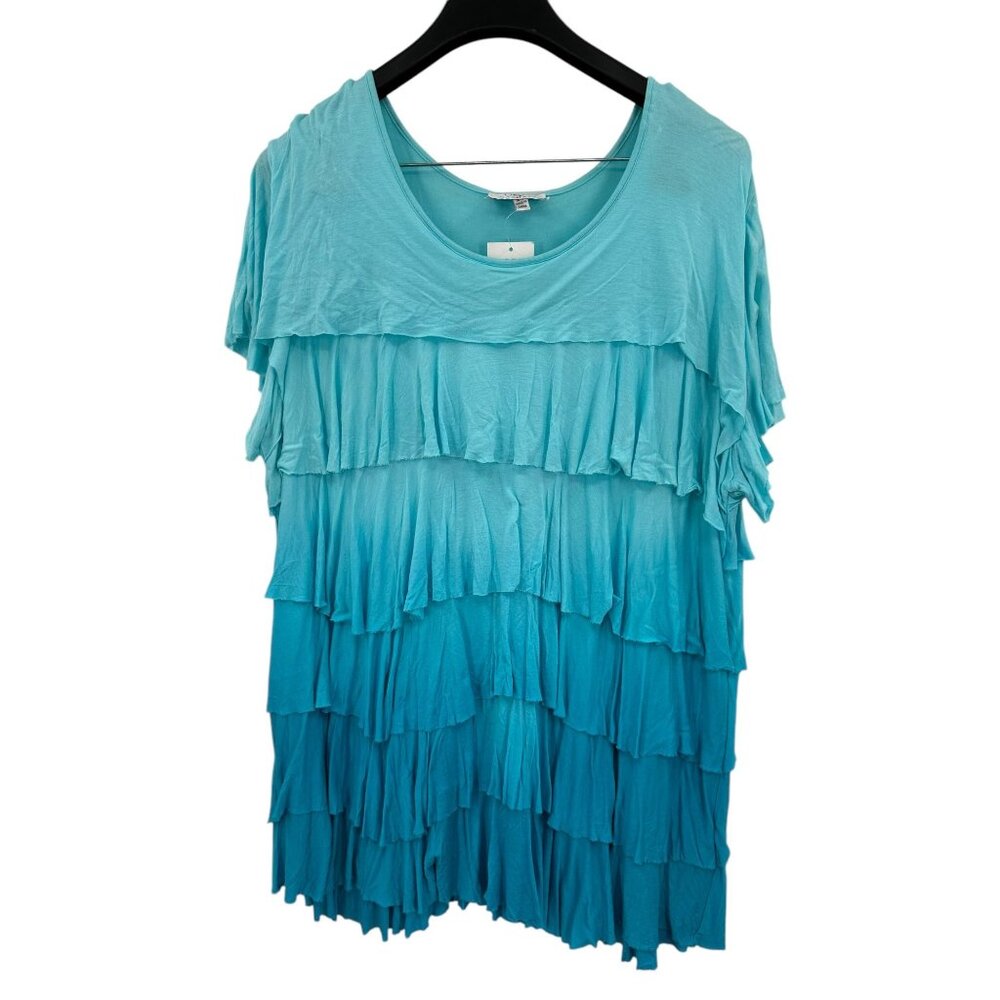 Oso Casuals 3X Turquoise Blue Rayon Ruffle Tiered Layer Short Sleeve Top Tunic